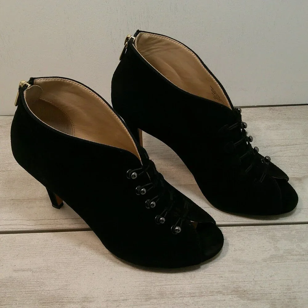 Womans Adrienne Vittadini Pumps Black Leather Suede Peep Toe Bootie Size 7.5M